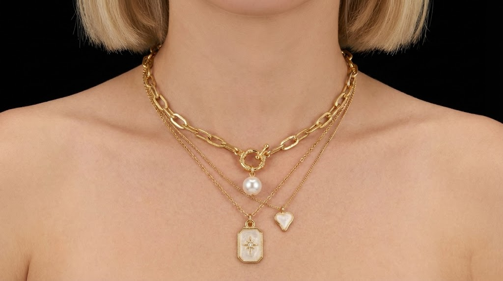 KTOfficial: Pole Star Pearl Enamel Necklace Set Three Piece Layered Jewelry