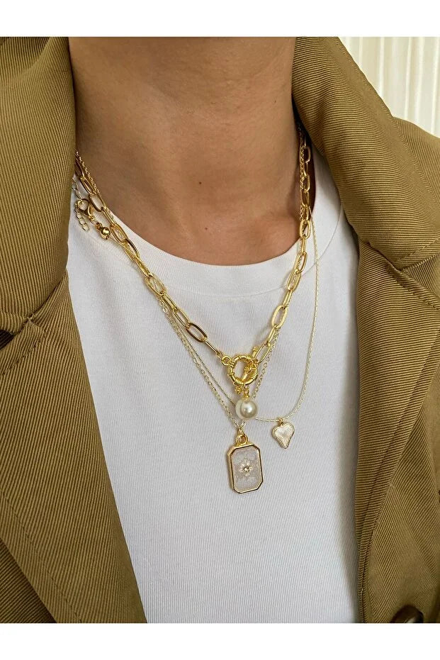 KTOfficial: Pole Star Pearl Enamel Necklace Set Three Piece Layered Jewelry