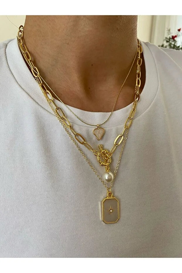 KTOfficial: Pole Star Pearl Enamel Necklace Set Three Piece Layered Jewelry